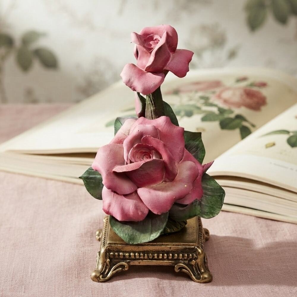 Vintage S Rioleva Capodimonte Pink Rose Porcelain Figurine Made in Italy